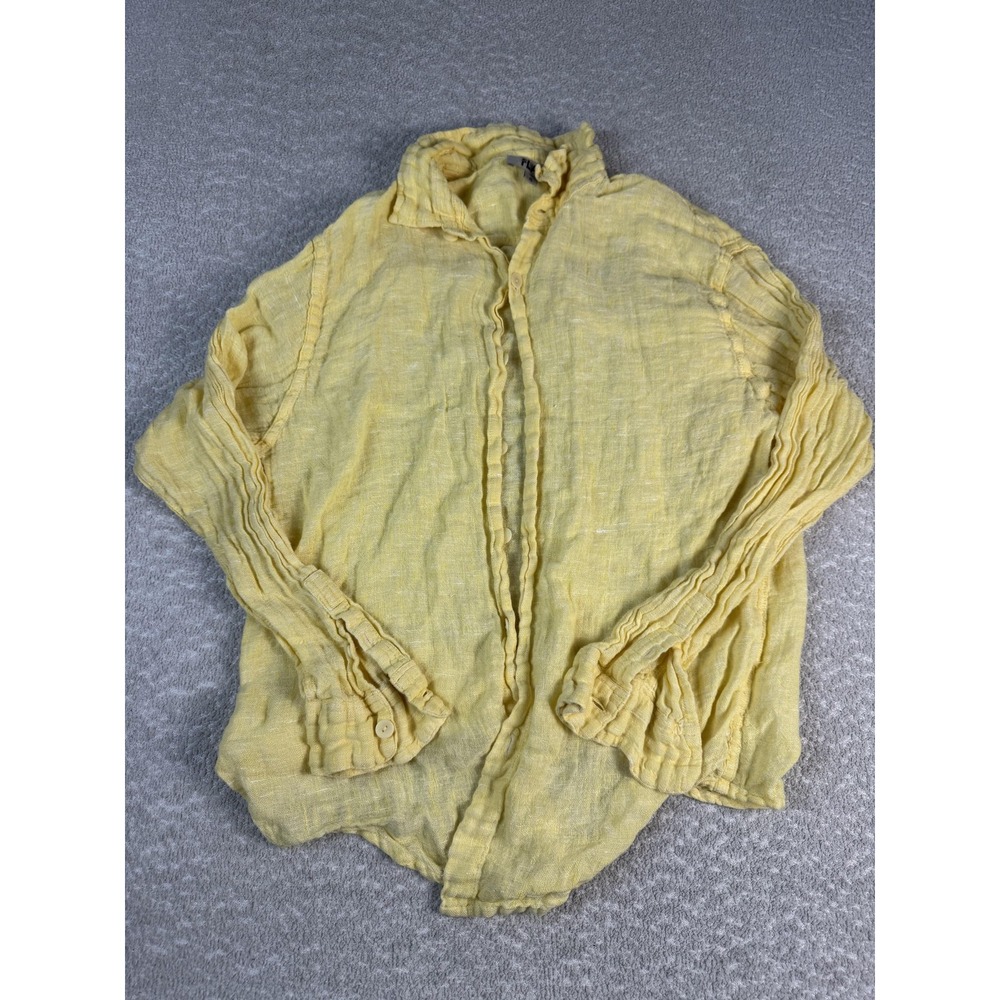 FLAX Shirt Womens Small Yellow 100% Linen Button Front Long Sleeve Crinkle